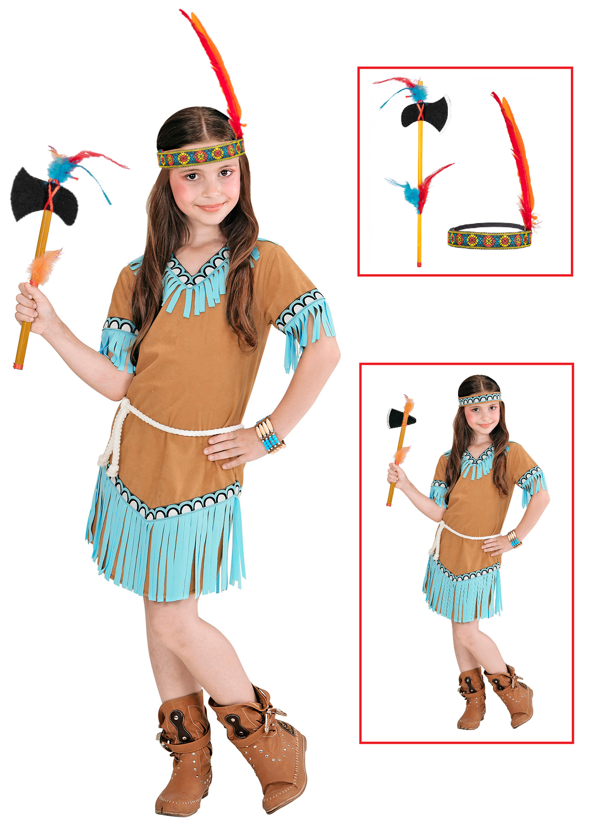 Vestito Carnevale + Accessori Indiana Costume Ascia e Fascia con Piuma Travestimento 8/10 Anni - 0665+24509