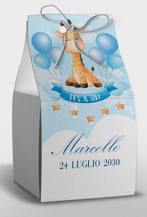 Bomboniera Astuccio con Stampa Personalizzata 4 Pezzi Nascita Giraffa Celeste - Feb2010