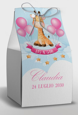 Bomboniera Astuccio con Stampa Personalizzata e Confetti 4 Pezzi Nascita Giraffa Rosa - Feb2011