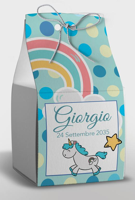 Bomboniera Astuccio con Stampa Personalizzata e Confetti 4 Pezzi  Nascita Compleanno Unicorno Celeste - Feb2033