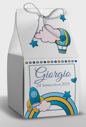 Bomboniera Astuccio con Stampa Personalizzata e Confetti 4 Pezzi Nascita Compleanno Mongolfiera Razzo Celeste - Feb2031