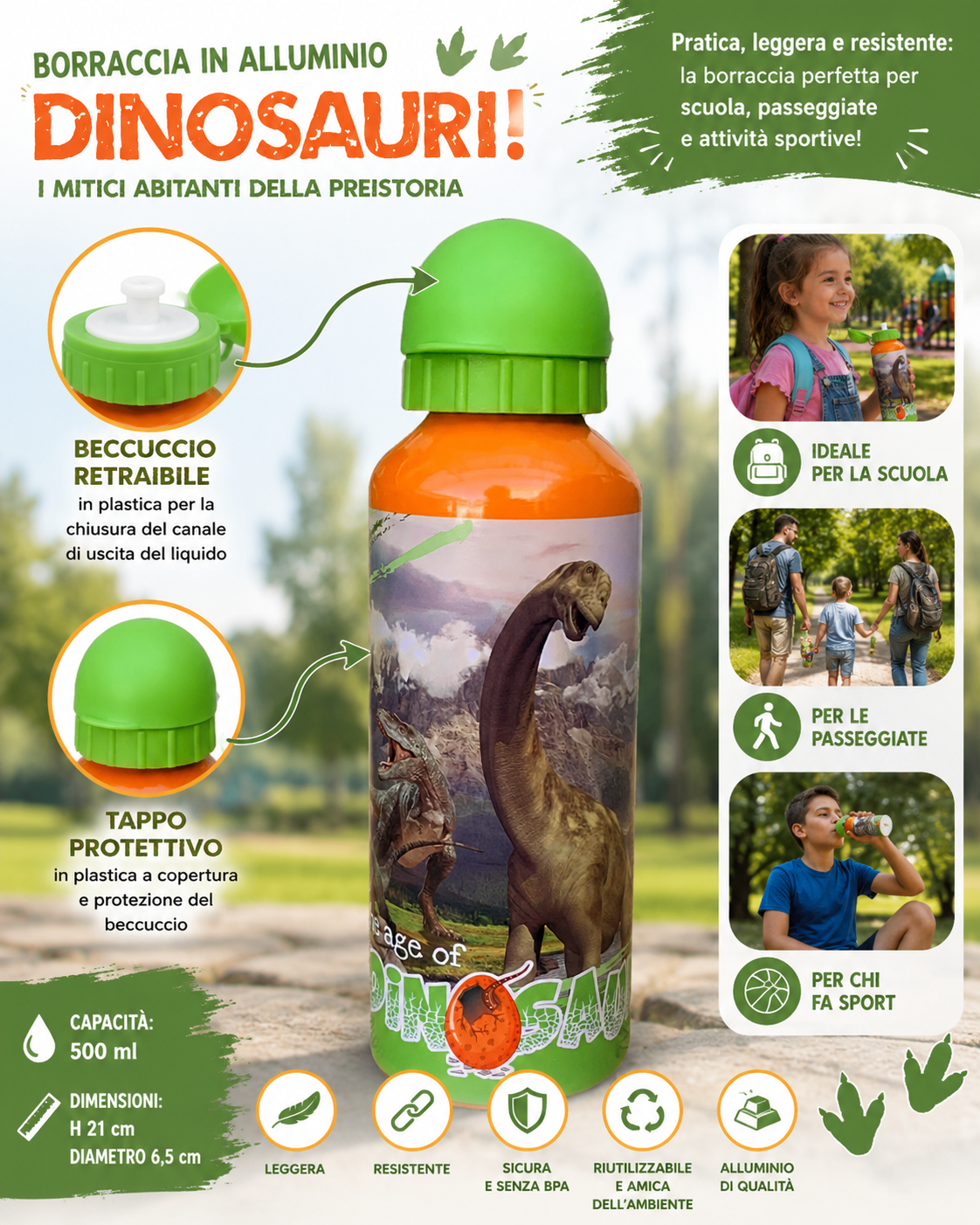 Borraccia in Alluminio Dinosauri Preistoria con Beccuccio e Coperchio 500 Ml - X06394mc/a