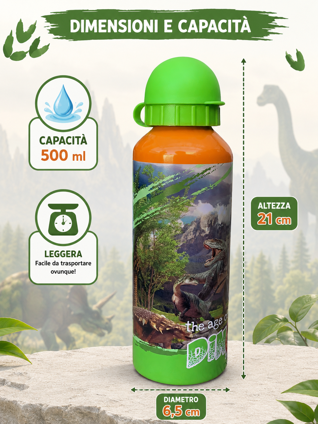 Borraccia in Alluminio Dinosauri Preistoria con Beccuccio e Coperchio 500 Ml - X06394mc/a