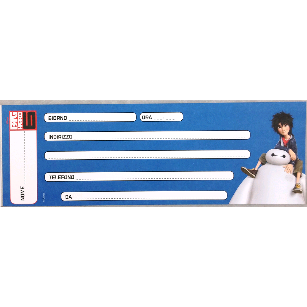 Inviti Festa Biglietti Big Hero DISNEY da Pz. 30 Cm. 24x8x0,50 152046/2