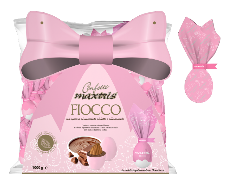 Confetti Maxtris Mono Fiocco Rosa Cioccolato Bianco Fondente Mandorla Monoporzione 500 Gr Confettata - Maxfior500