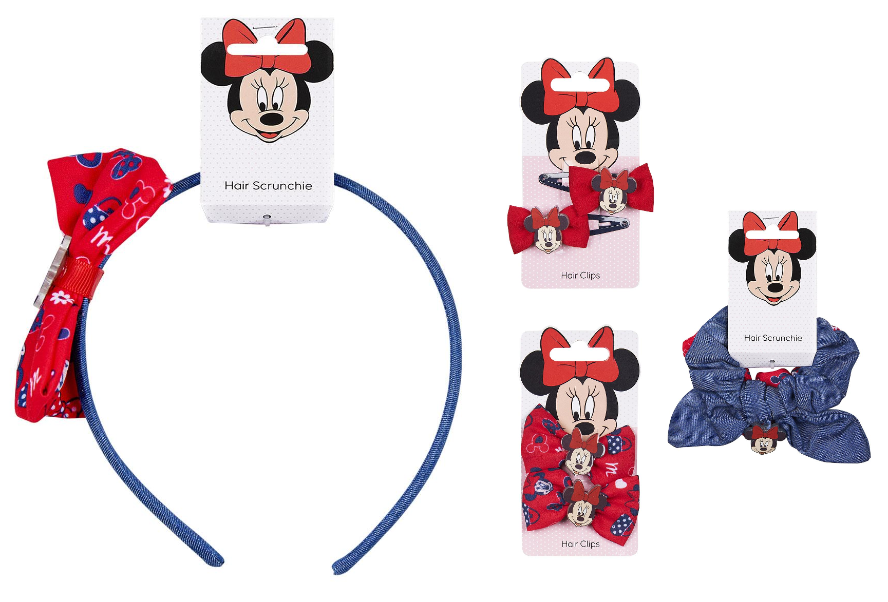 Set Accessori per Capelli Minnie DISNEY 4 Pezzi Cerchietto Mollette Scrunchies