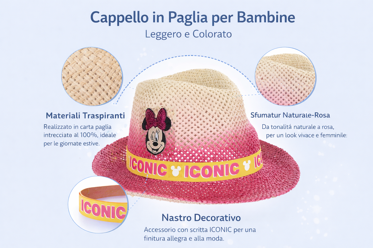 Cappello in Paglia Minnie Mouse DISNEY Estivo Neonata - We4029