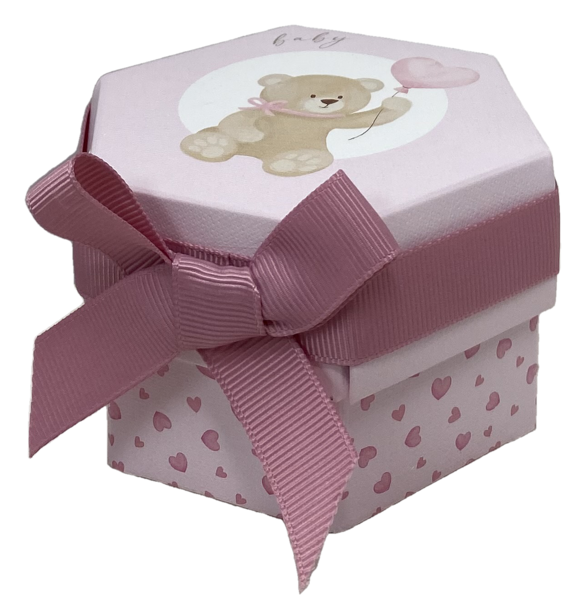 Bomboniera Astuccio Orsetto Esagonale Rosa con Confetti Cerimonie Feste - 17856