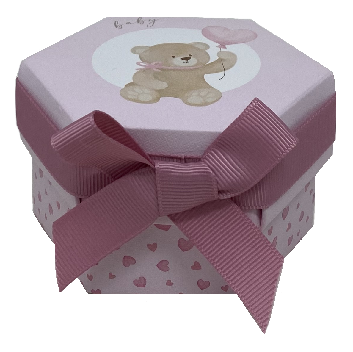 Bomboniera Astuccio Orsetto Esagonale Rosa con Confetti Cerimonie Feste - 17856
