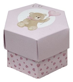 Bomboniera Astuccio Orsetto Esagonale Rosa con Confetti Cerimonie Feste - 17856