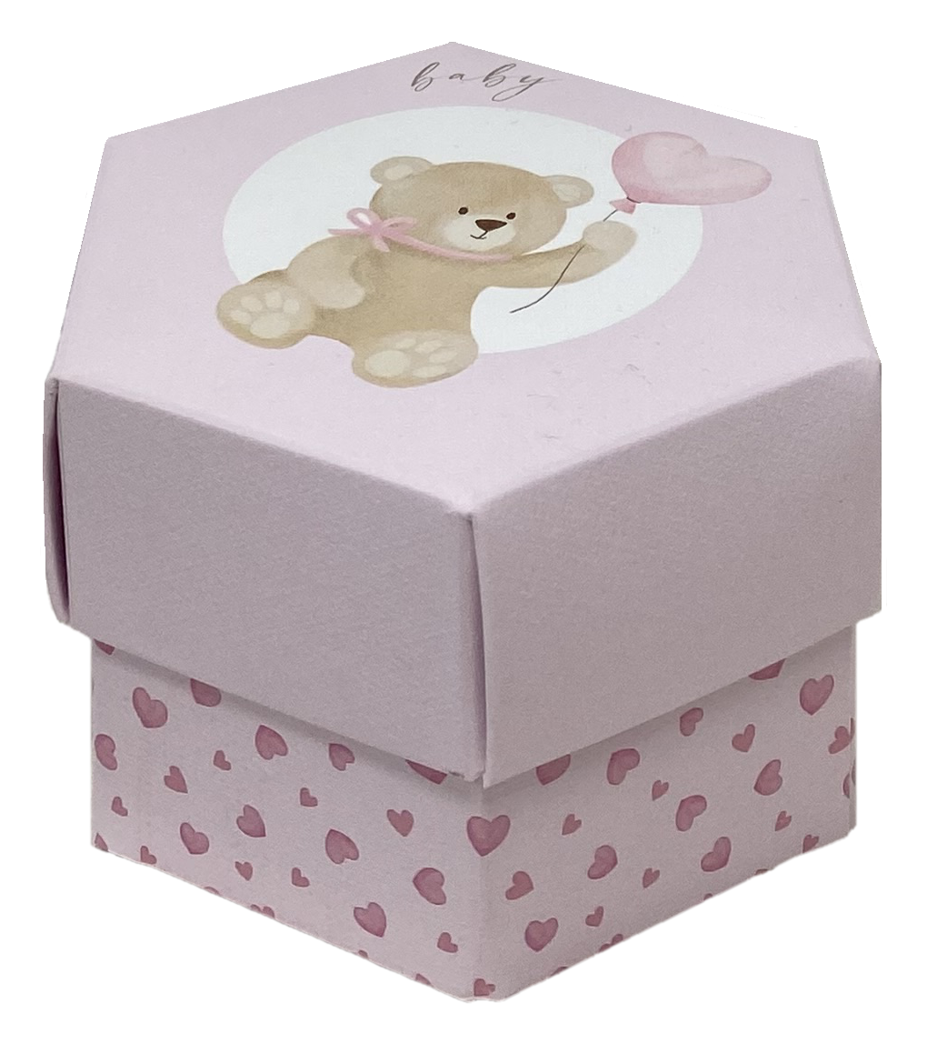 Bomboniera Astuccio Orsetto Esagonale Rosa con Confetti Cerimonie Feste - 17856