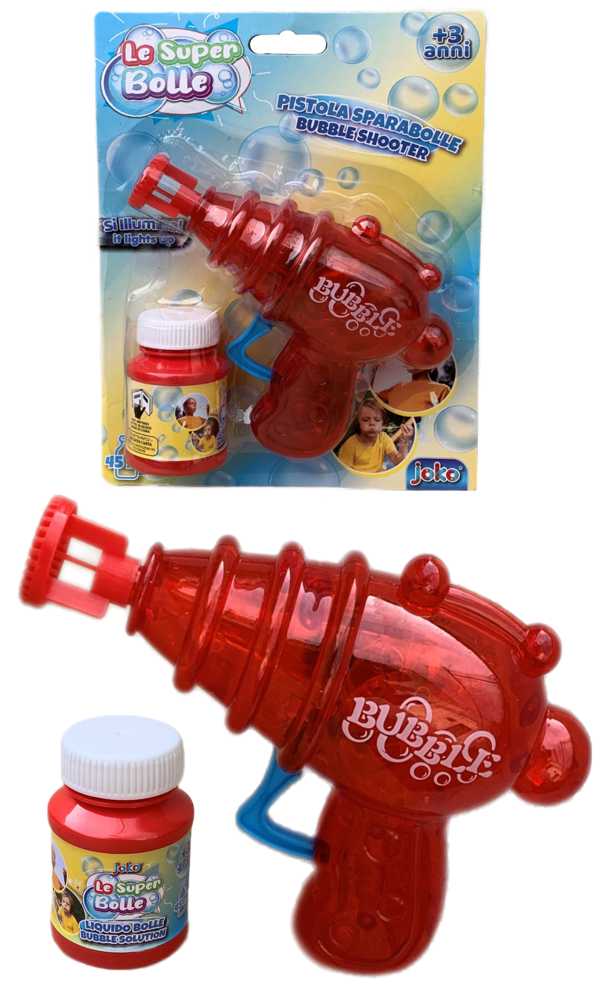 Pistola Sparabolle di Sapone Rossa a Frizione con Luci Gioco per Bambini - Wnt0003