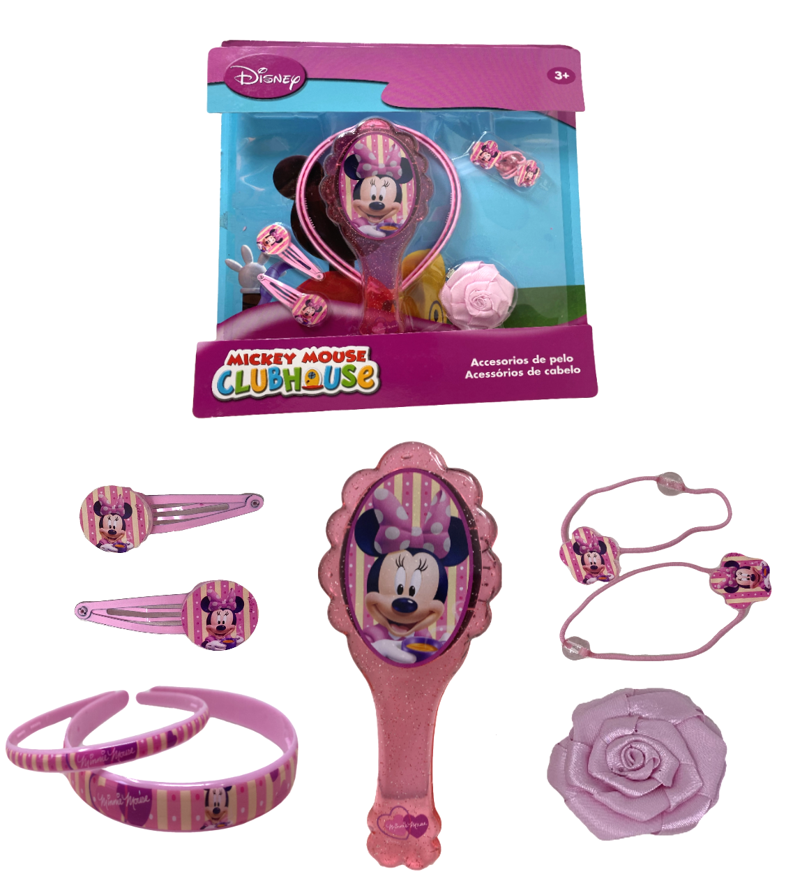 Set Accessori Capelli Minnie DISNEY 8 Pezzi Spazzola Clik Clak Elastici - As4898rosa