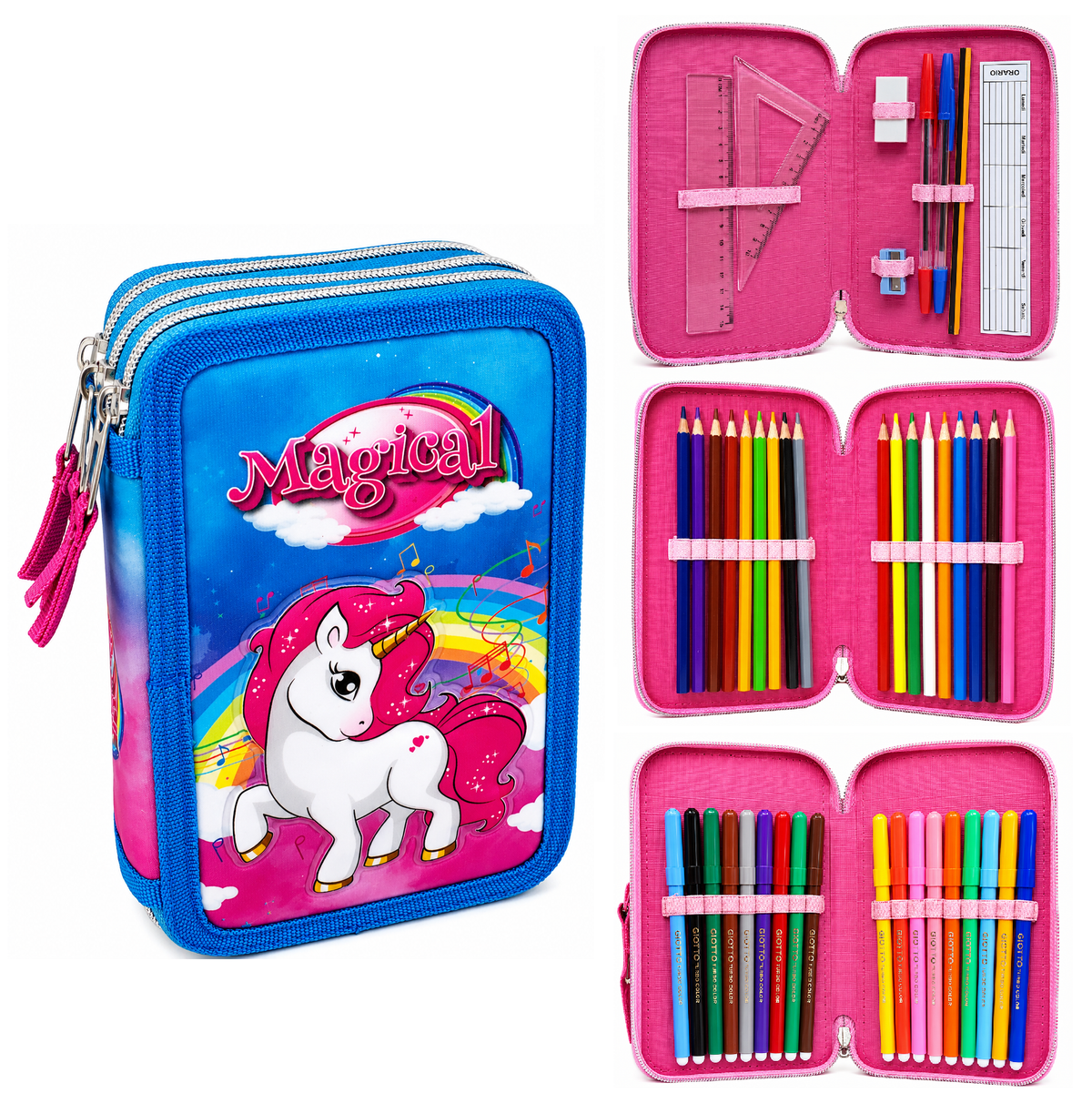Astuccio Scuola 3d Unicorno Multiscomparto 3 Zip Portacolori Pennarelli Giotto - Uni0832-A
