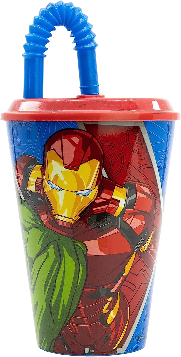 Set Bicchiere con Cannuccia e Portamerenda Avengers MARVEL 2 Pezzi in Plastica Riutilizzabile Bpa Free