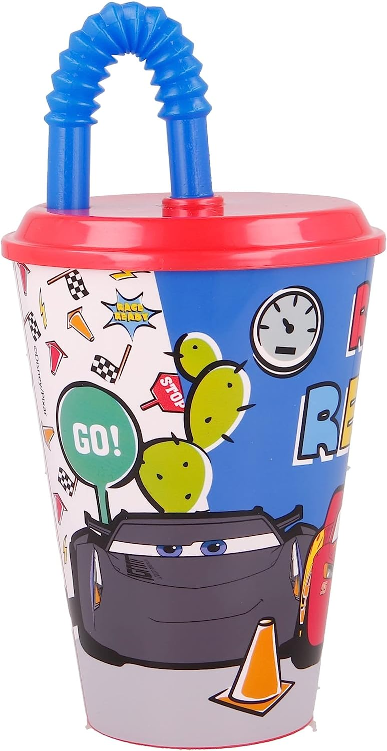 Set Bicchiere con Cannuccia e Portamerenda Cars DISNEY 2 Pezzi in Plastica Riutilizzabile Bpa Free