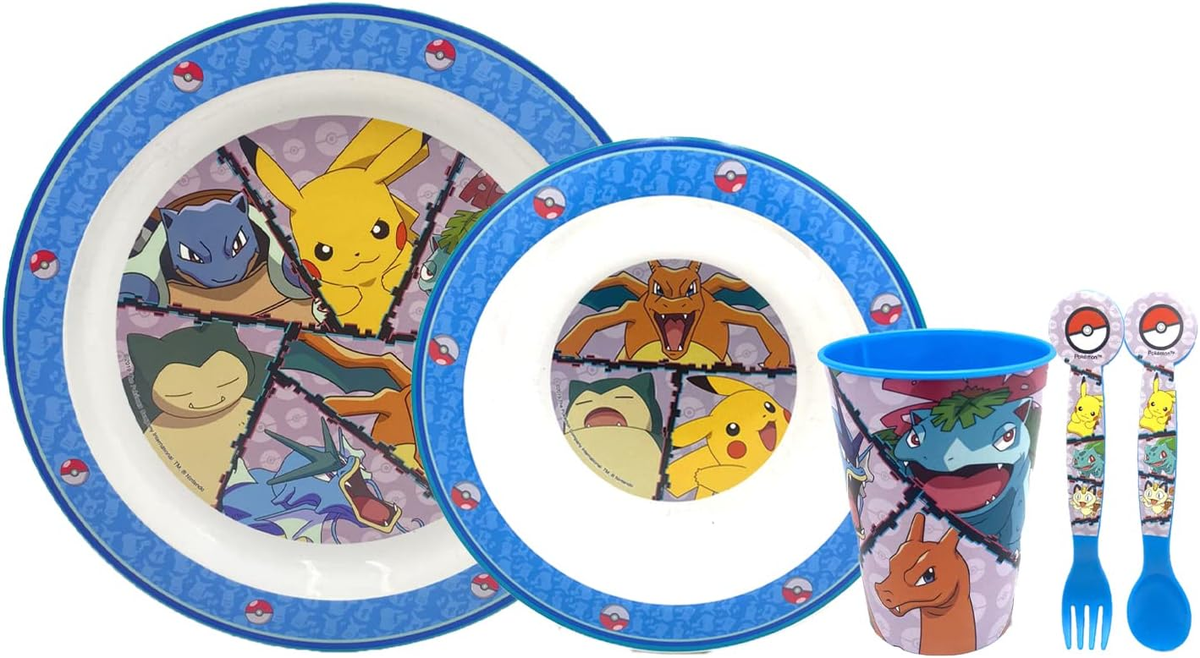 Set Pappa 5 Pezzi Pikachu Pokemom Piatti Bicchiere Posate Confezione Regalo - St08010