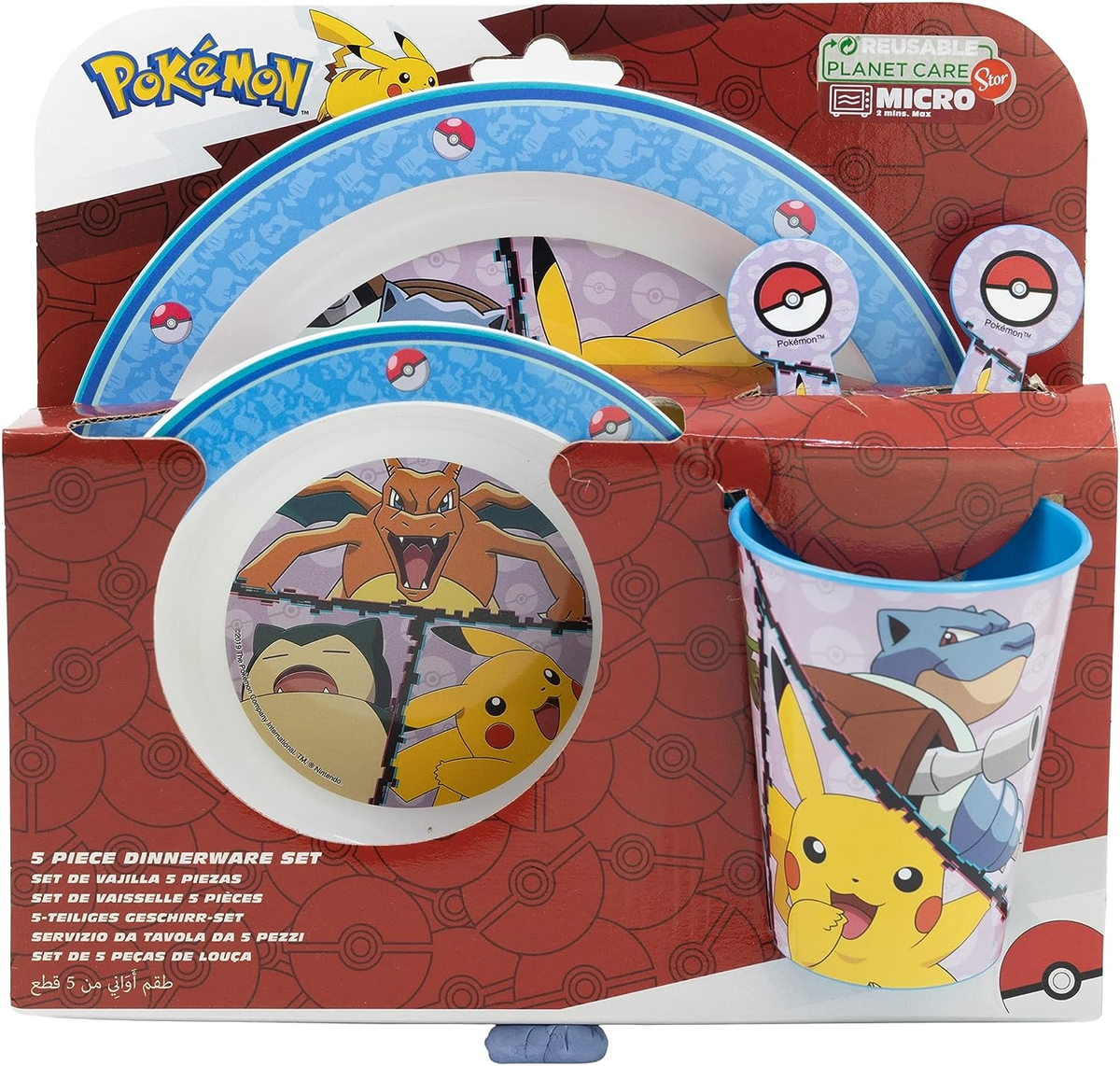 Set Pappa 5 Pezzi Pikachu Pokemom Piatti Bicchiere Posate Confezione Regalo - St08010
