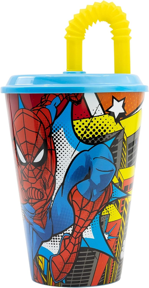 Set Bicchiere con Cannuccia e Portamerenda Spiderman MARVEL 2 Pezzi in Plastica Riutilizzabile Bpa Free