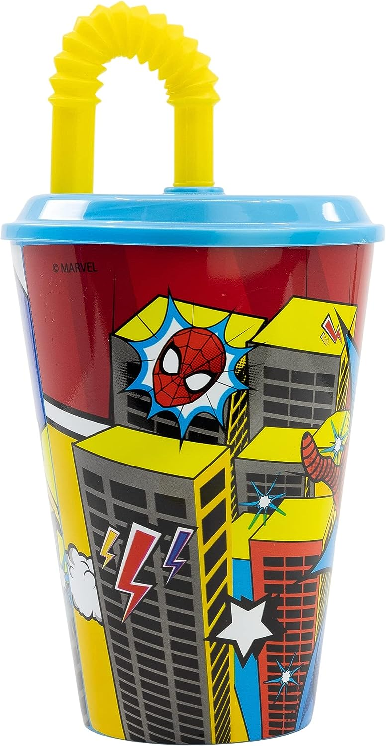 Set Bicchiere con Cannuccia e Portamerenda Spiderman MARVEL 2 Pezzi in Plastica Riutilizzabile Bpa Free