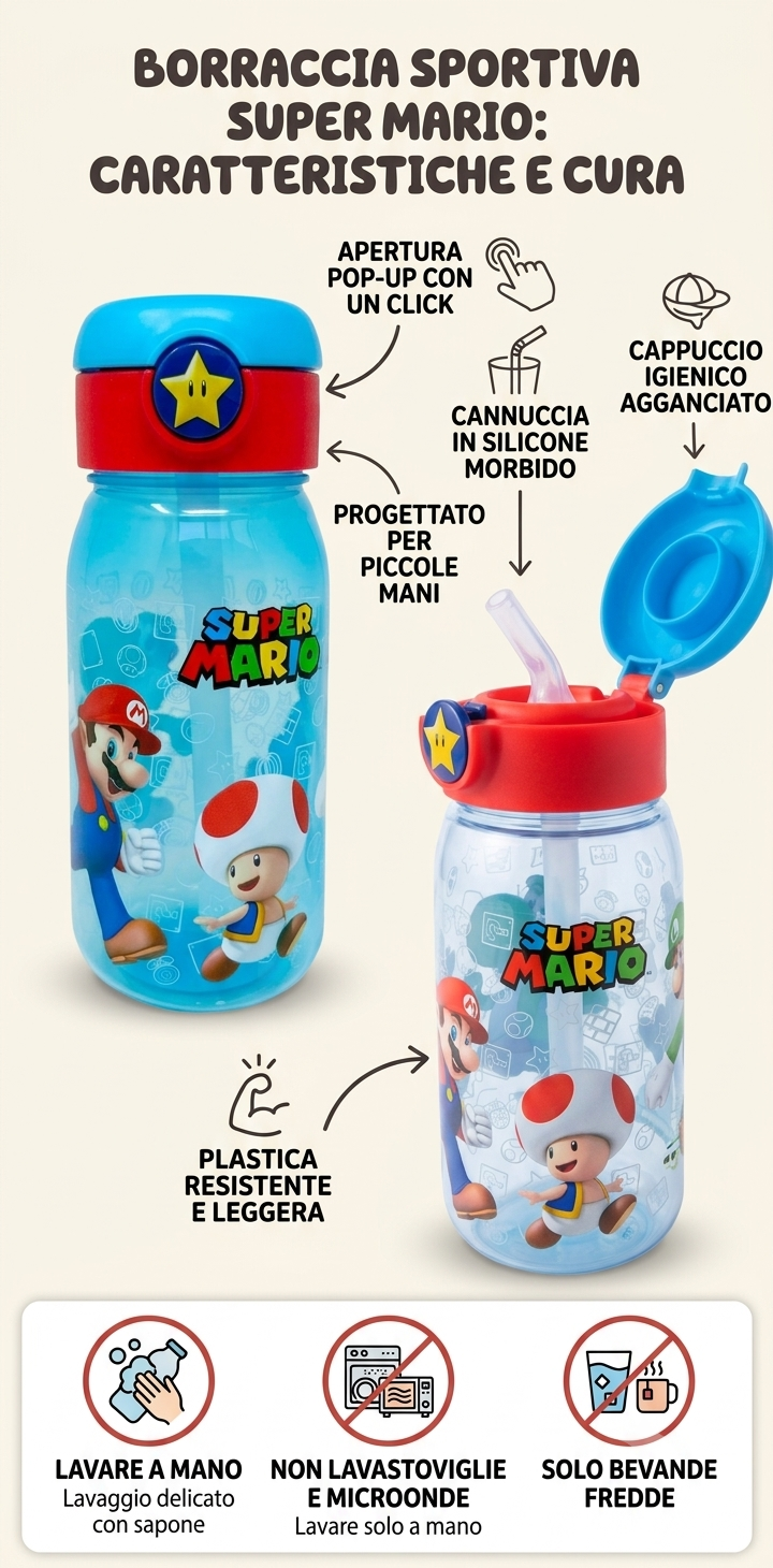 Borraccia Pop-Up Super Mario Bottiglia in Plastica Riutilizzabile 510 Ml - 78830