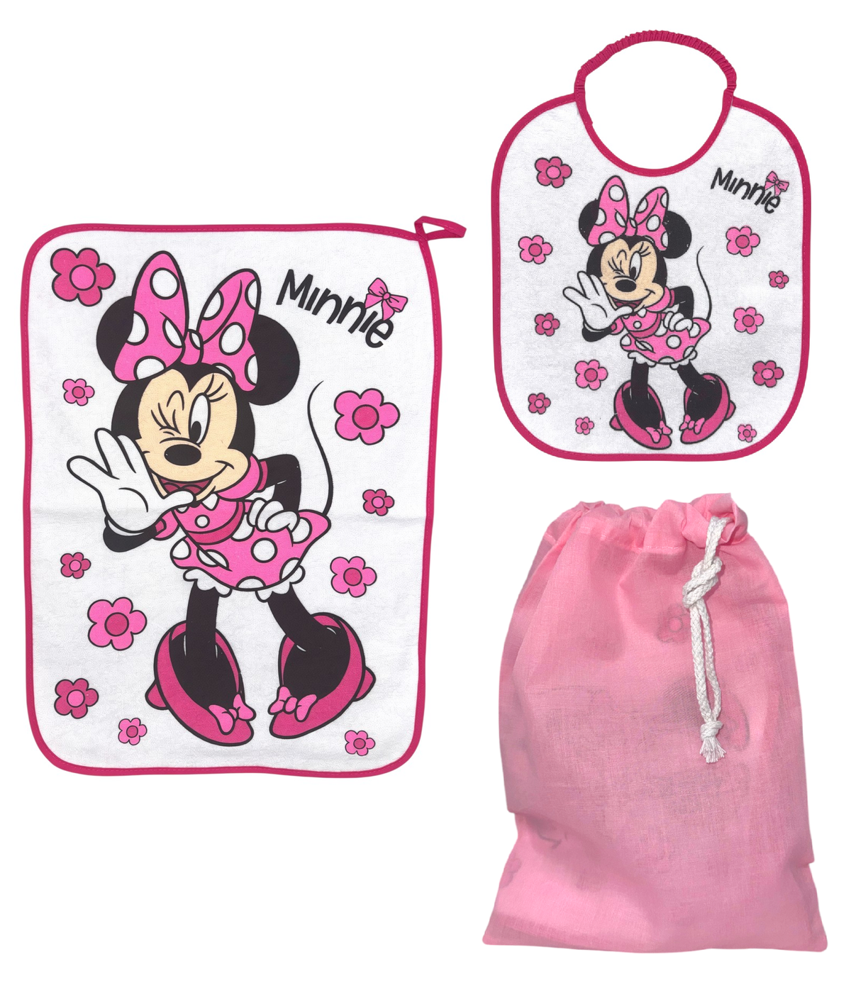 Set Asilo 3 Pezzi Minnie DISNEY Bavetta con Elastico Tovaglietta Sacca - Min0941