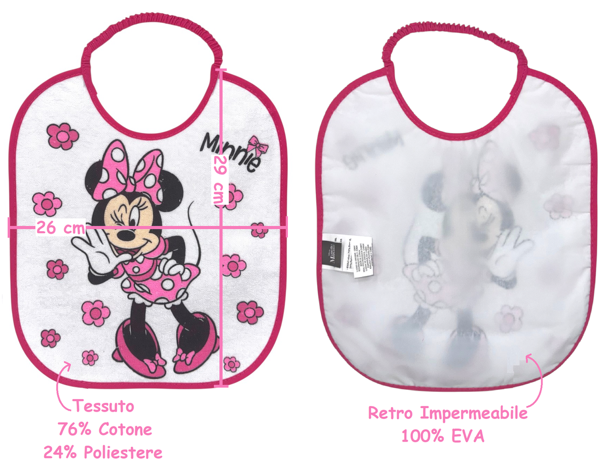 Set Asilo 3 Pezzi Minnie DISNEY Bavetta con Elastico Tovaglietta Sacca - Min0941