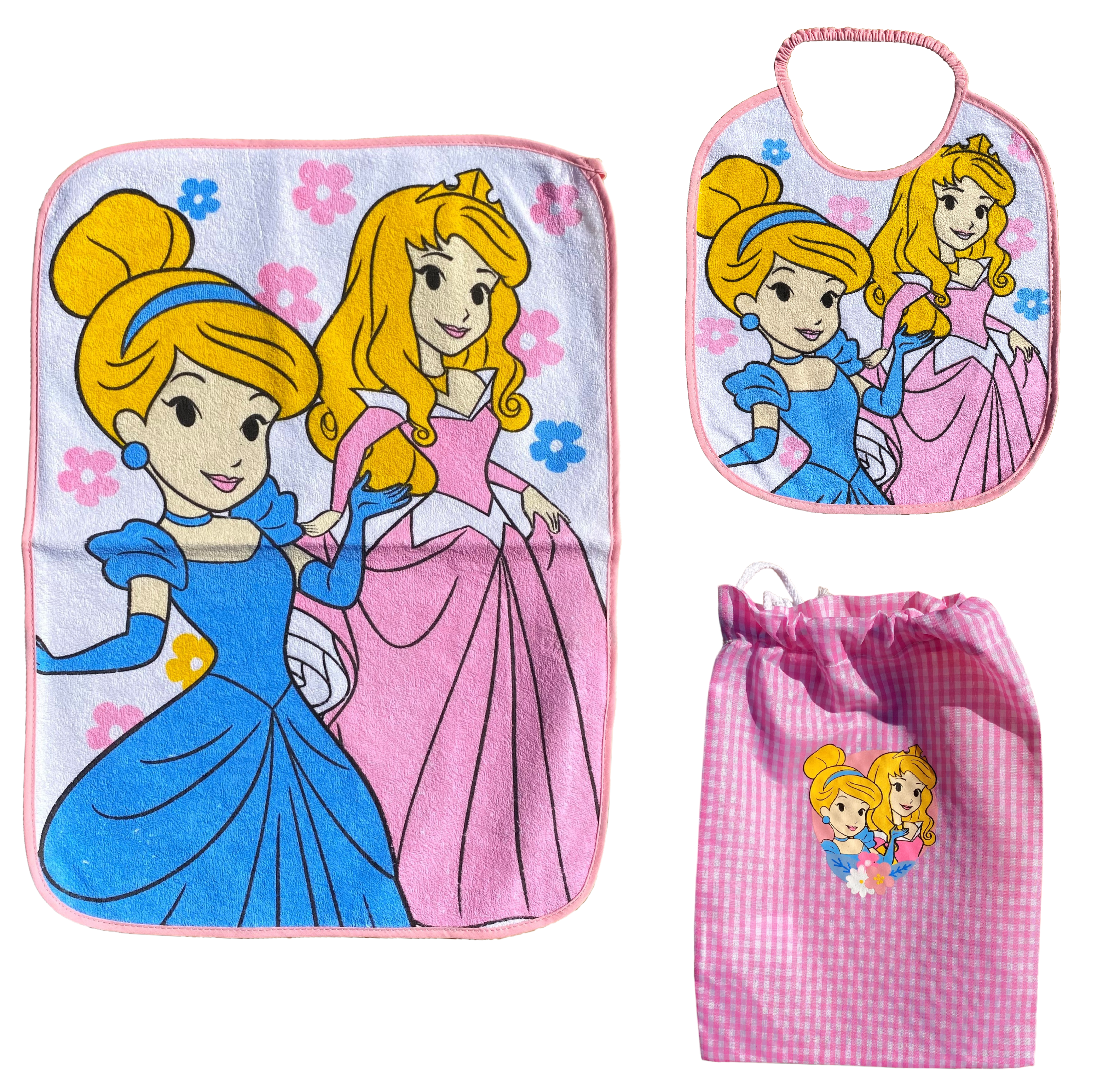 Set Asilo 3 Pezzi Principesse DISNEY Bavetta con Elastico Tovaglietta Sacca - Pri1002