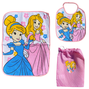 Set Asilo 3 Pezzi Principesse DISNEY Bavetta con Elastico Tovaglietta Sacca - Pri1002