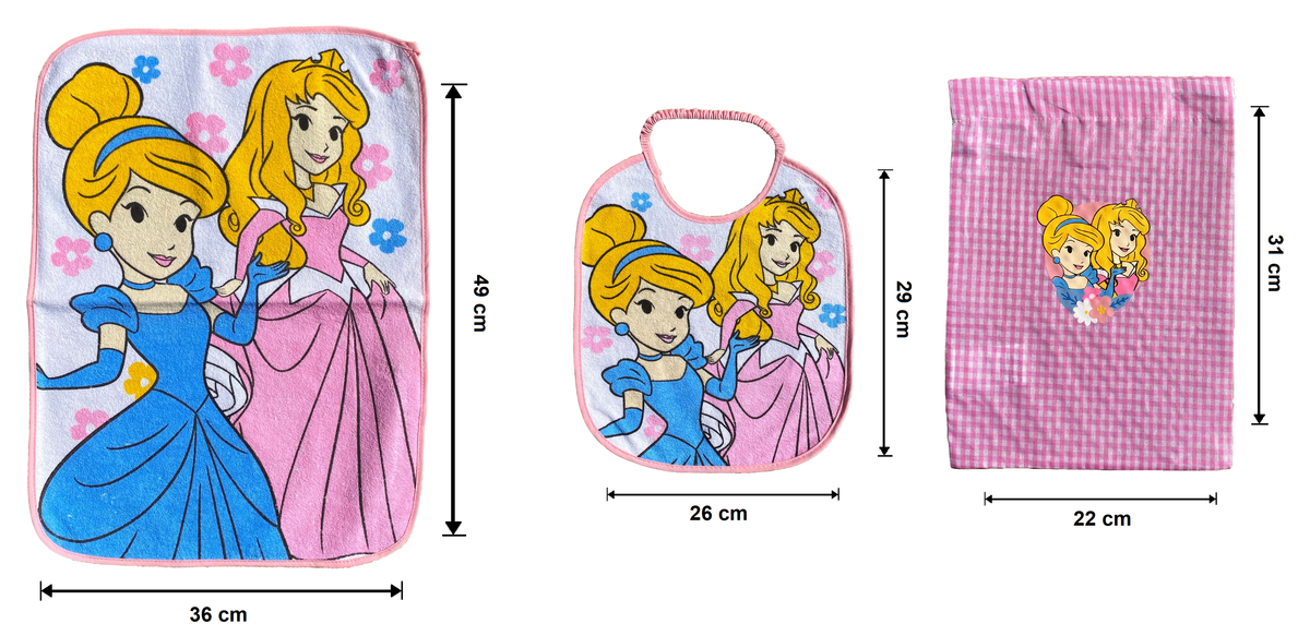 Set Asilo 3 Pezzi Principesse DISNEY Bavetta con Elastico Tovaglietta Sacca - Pri1002