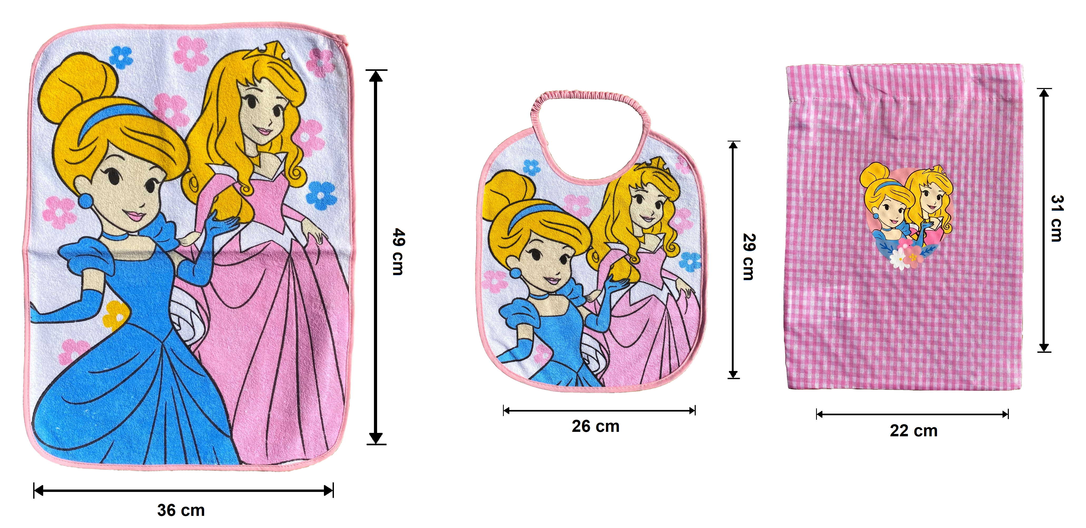 Set Asilo 3 Pezzi Principesse DISNEY Bavetta con Elastico Tovaglietta Sacca - Pri1002