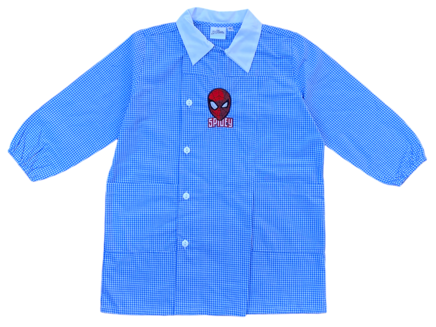 Grembiule Spiderman MARVEL Scuola Asilo Ricamato Quadretti Celeste Cotone - Spm0498
