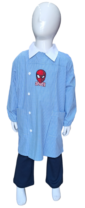 Grembiule Spiderman MARVEL Scuola Asilo Ricamato Quadretti Celeste Cotone - Spm0498
