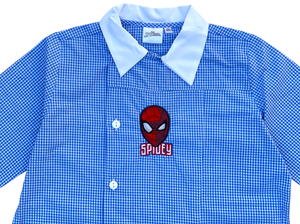Grembiule Spiderman MARVEL Scuola Asilo Ricamato Quadretti Celeste Cotone - Spm0498