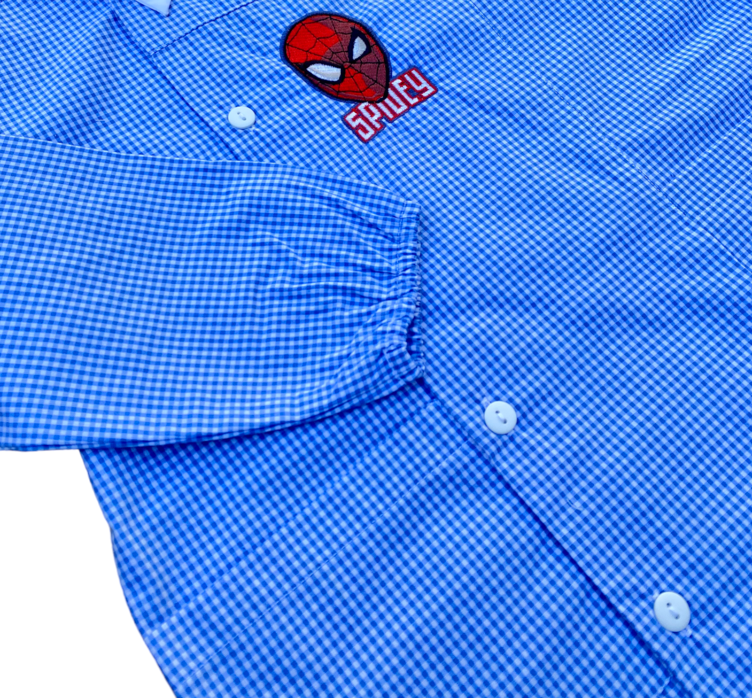 Grembiule Spiderman MARVEL Scuola Asilo Ricamato Quadretti Celeste Cotone - Spm0498