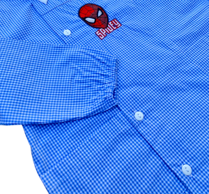 Grembiule Spiderman MARVEL Scuola Asilo Ricamato Quadretti Celeste Cotone - Spm0498