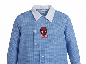 Grembiule Spiderman MARVEL Scuola Asilo Ricamato Quadretti Celeste Cotone - Spm0498