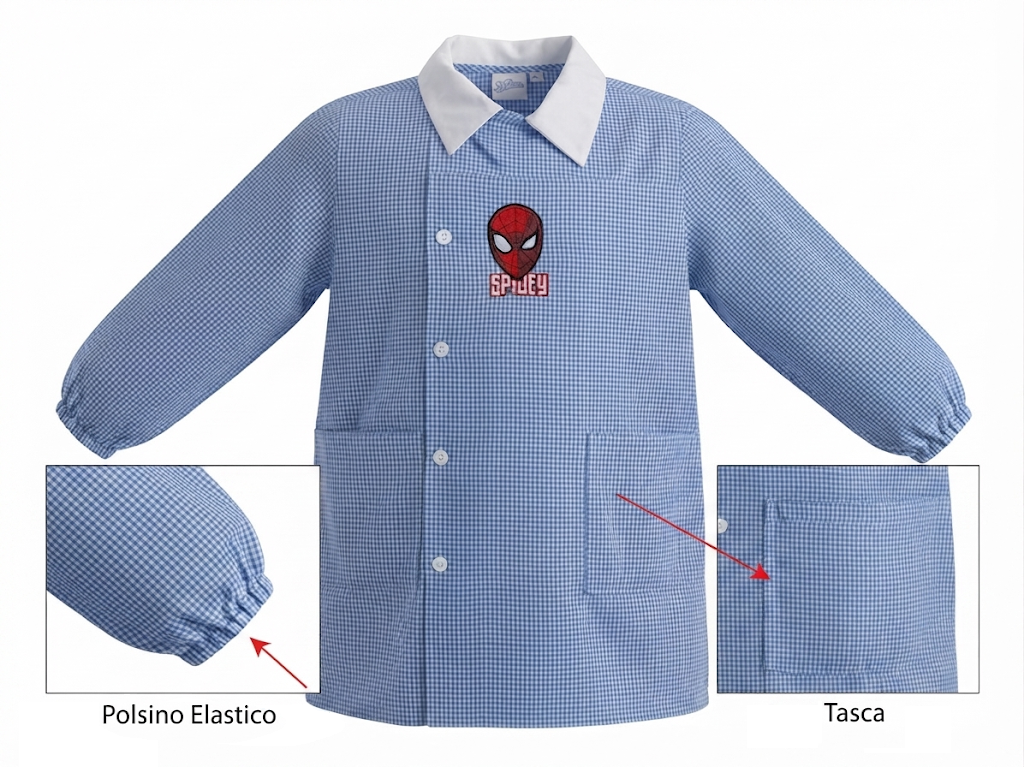 Grembiule Spiderman MARVEL Scuola Asilo Ricamato Quadretti Celeste Cotone - Spm0498