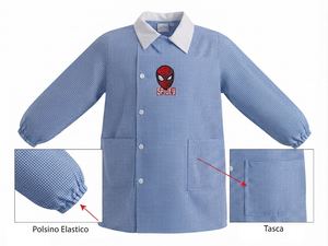 Grembiule Spiderman MARVEL Scuola Asilo Ricamato Quadretti Celeste Cotone - Spm0498