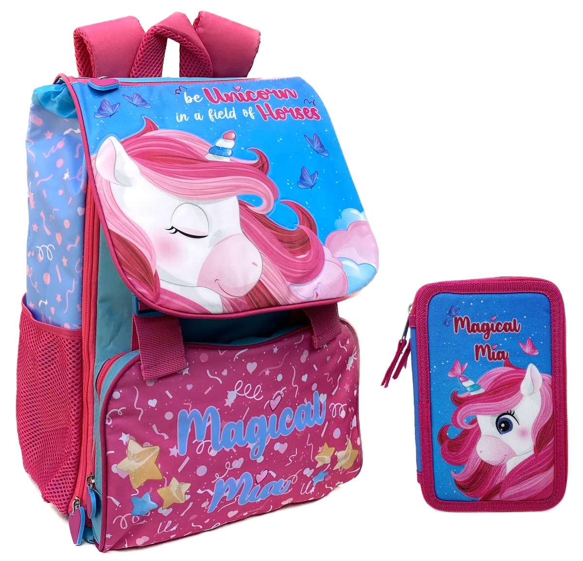 Zaino + Astuccio 3 Zip Unicorno Mia Estensibile Scuola Elementare Colori Giotto