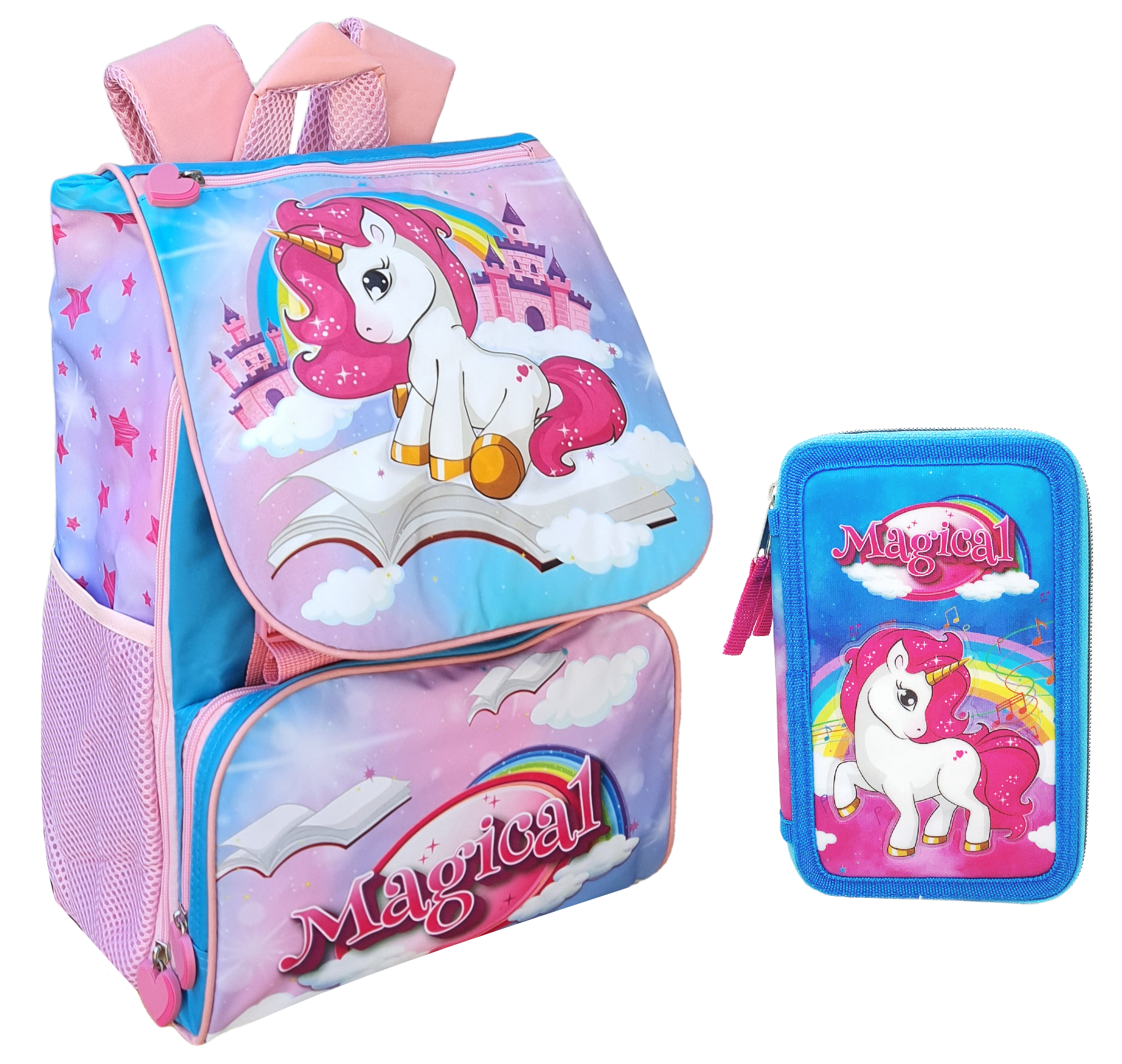 Zaino + Astuccio 3 Zip Unicorno Estensibile Scuola Elementare Colori Giotto