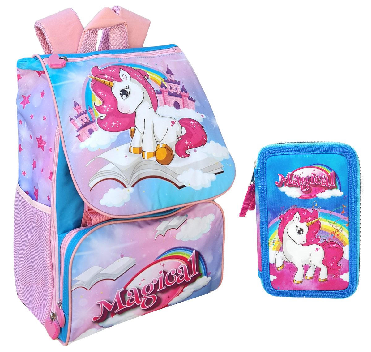 Zaino + Astuccio 3 Zip Unicorno Estensibile Scuola Elementare Colori Giotto