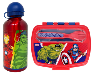 Set Borraccia in Alluminio e Portamerenda con Posate Avengers MARVEL 2 Pezzi Bpa Free