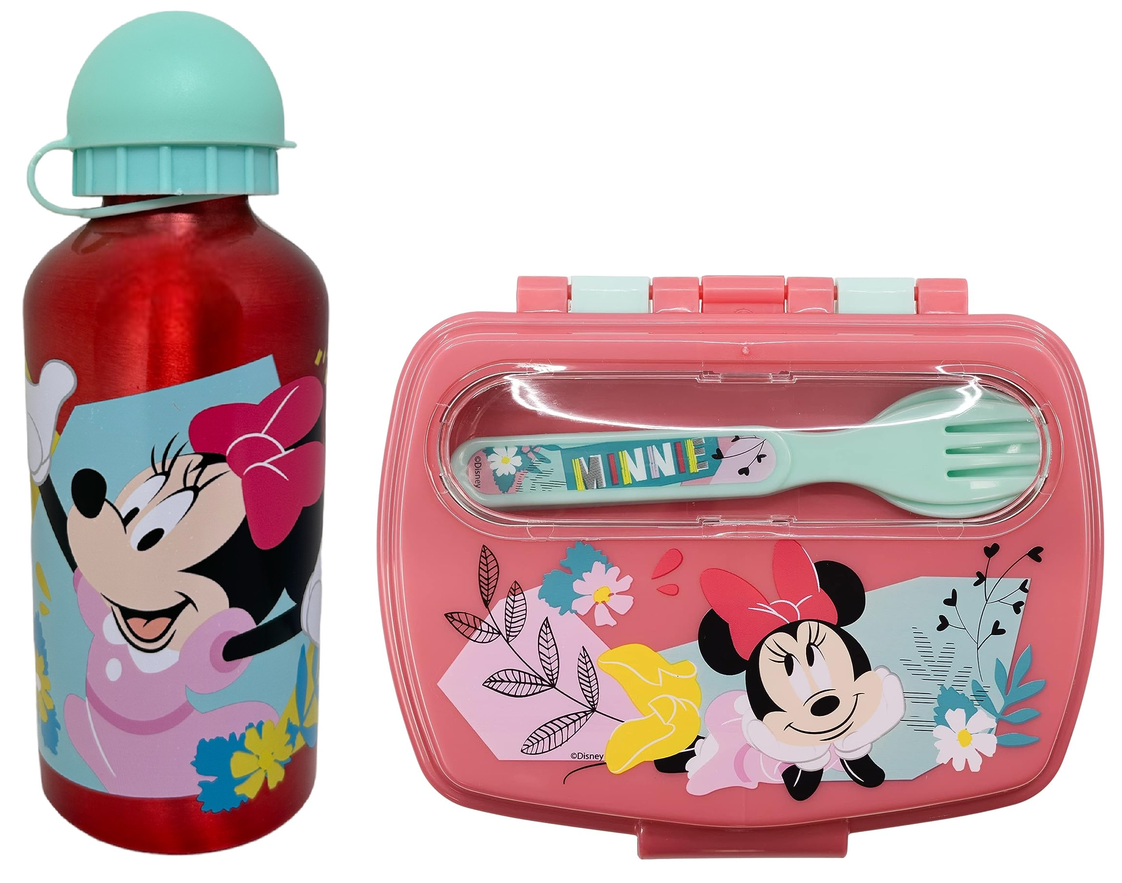 Set Borraccia in Alluminio e Portamerenda con Posate Minnie DISNEY 2 Pezzi Bpa Free