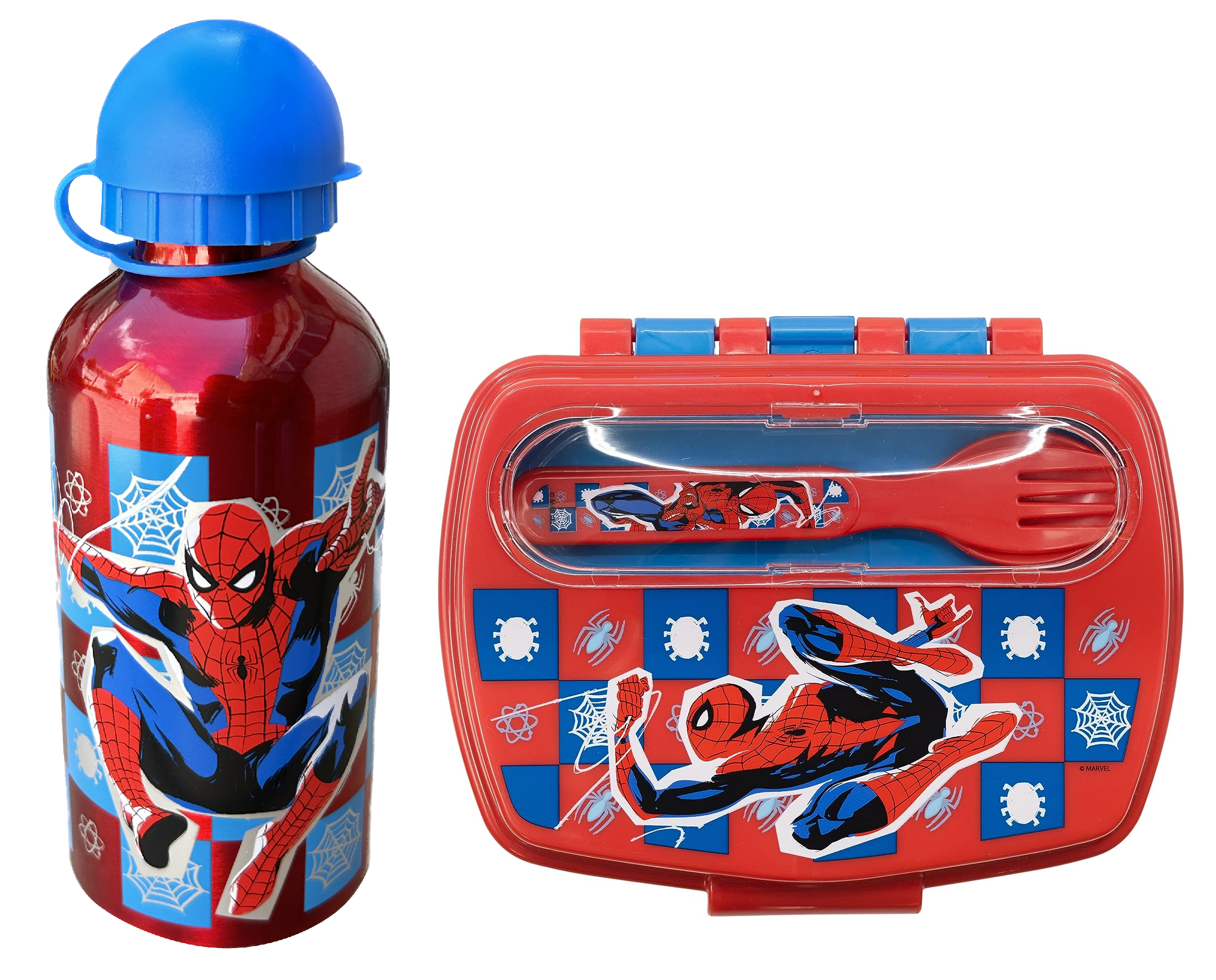 Set Borraccia in Alluminio e Portamerenda con Posate Spiderman MARVEL 2 Pezzi Bpa Free