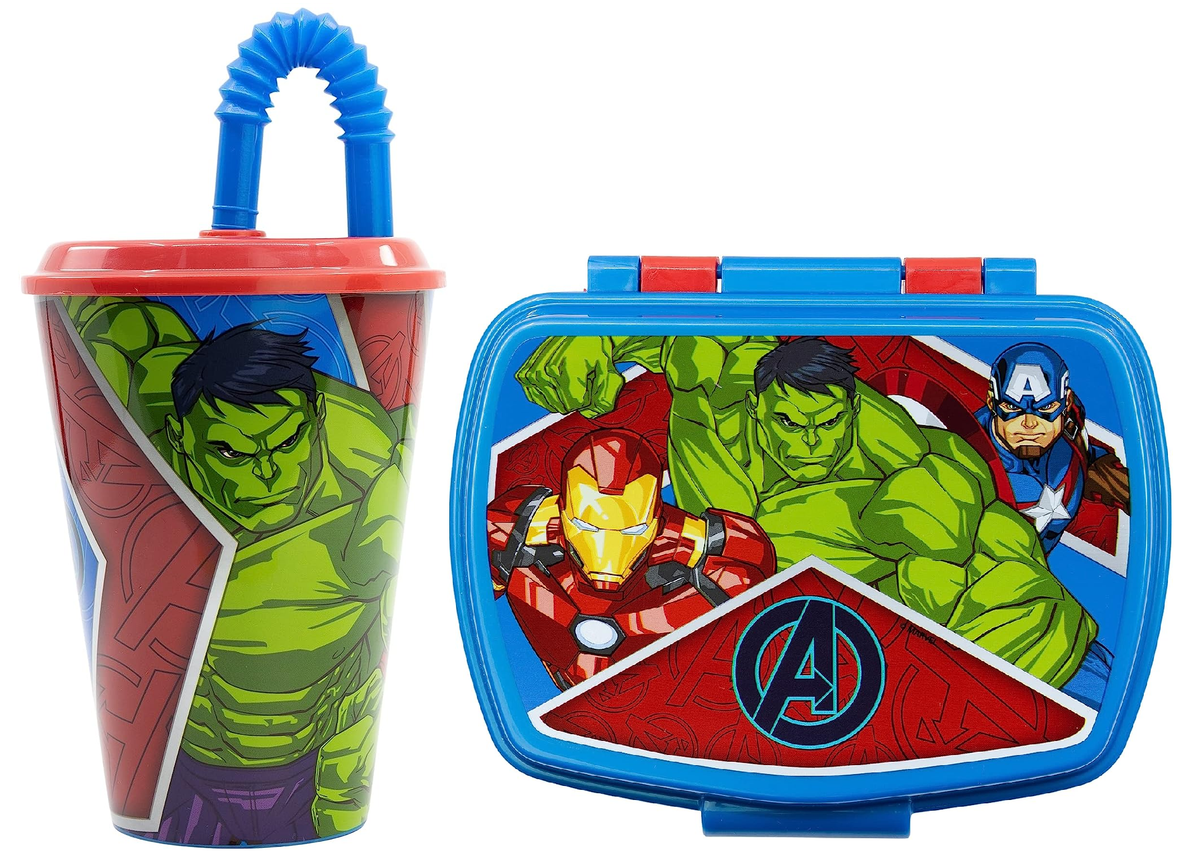 Set Bicchiere con Cannuccia e Portamerenda Avengers MARVEL 2 Pezzi in Plastica Riutilizzabile Bpa Free