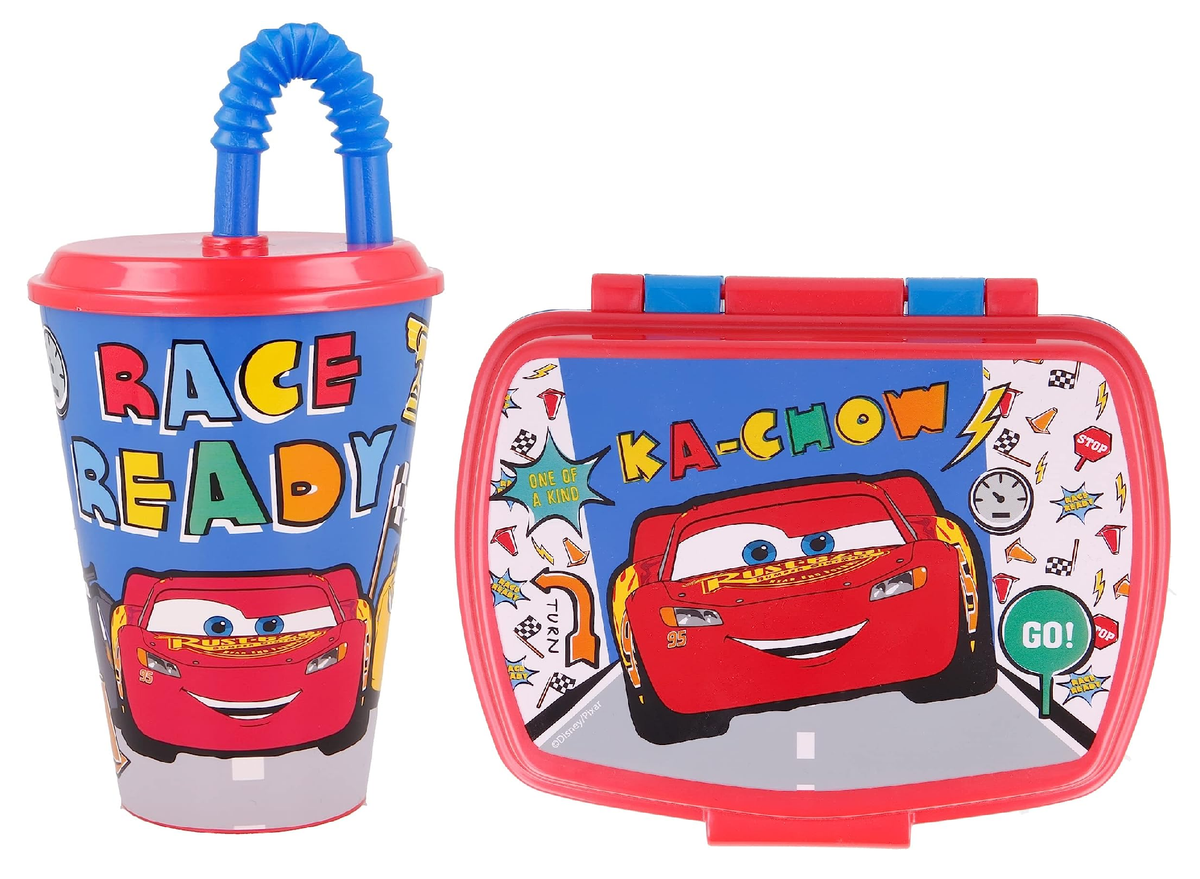 Set Bicchiere con Cannuccia e Portamerenda Cars DISNEY 2 Pezzi in Plastica Riutilizzabile Bpa Free
