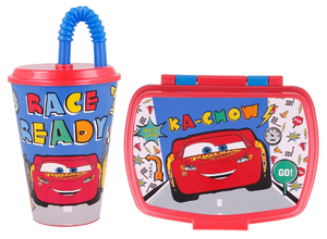 Set Bicchiere con Cannuccia e Portamerenda Cars DISNEY 2 Pezzi in Plastica Riutilizzabile Bpa Free