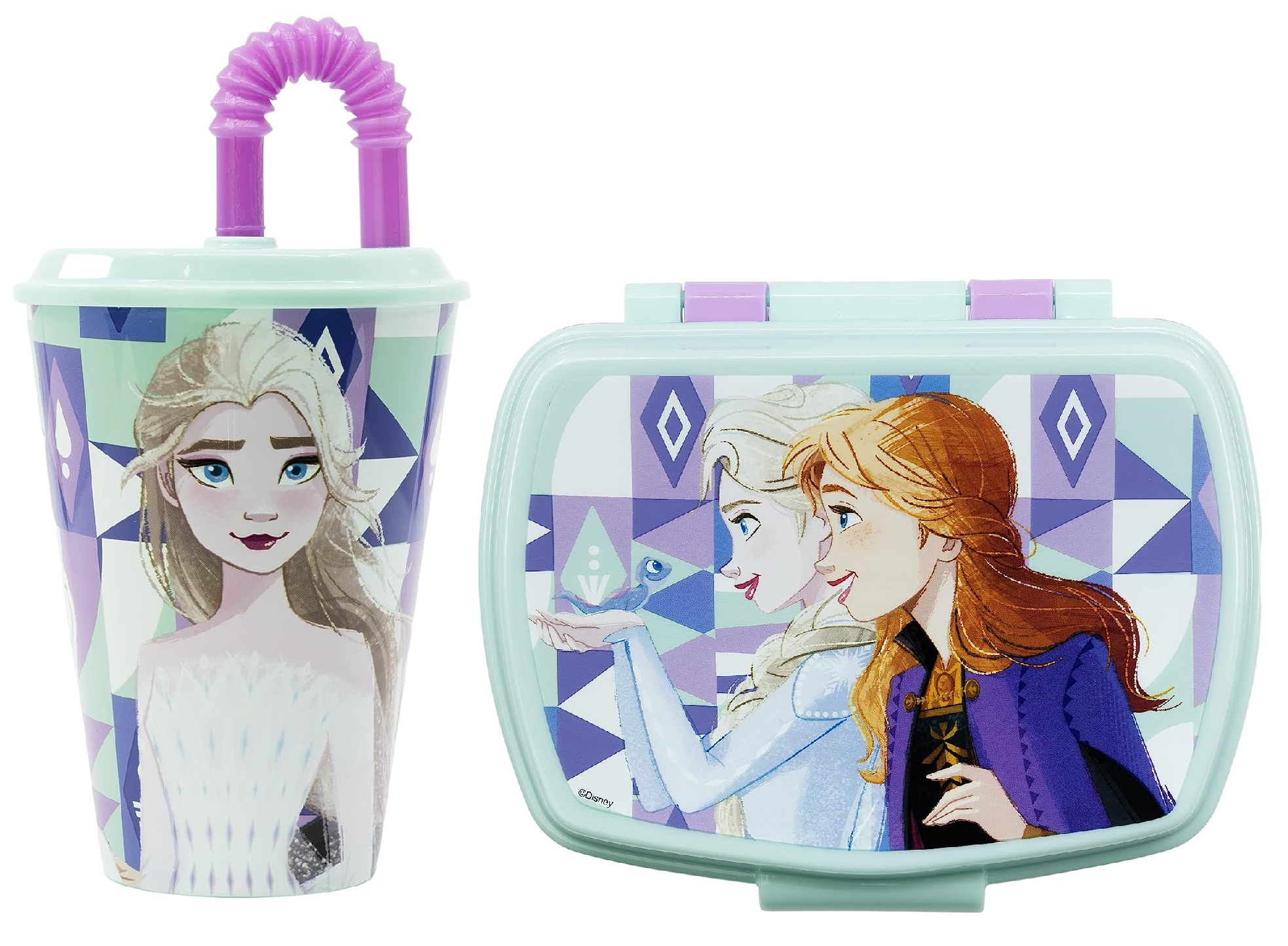 Set Bicchiere con Cannuccia e Portamerenda Frozen DISNEY 2 Pezzi in Plastica Riutilizzabile Bpa Free