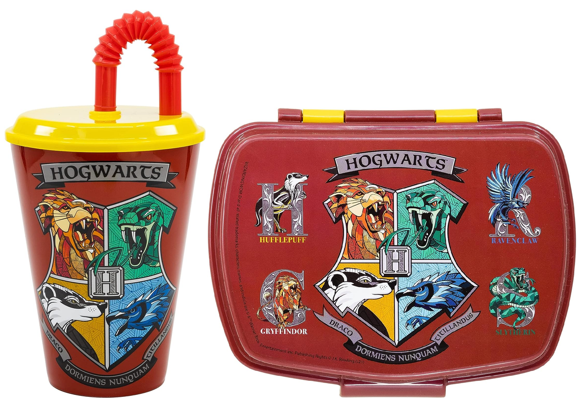 Set Bicchiere con Cannuccia e Portamerenda Harry Potter 2 Pezzi in Plastica Riutilizzabile Bpa Free